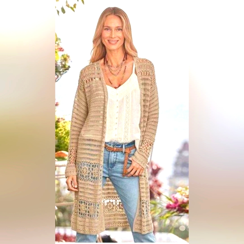 Sundance Catalog Fosette Crochet 100% Cotton Longline Sweater Cardigan Small